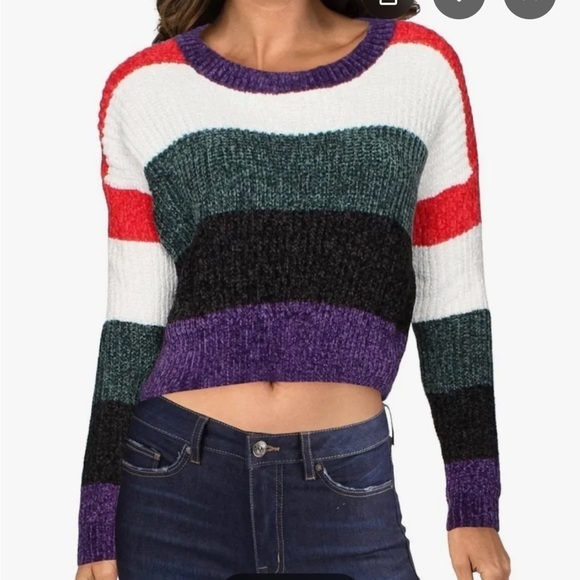 Luv Lane Striped Scallop Cropped Hem Chenille Pullover Uber Soft Sweater